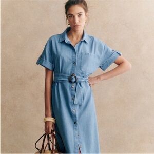 Sezane Light Blue Belted Midi Dress